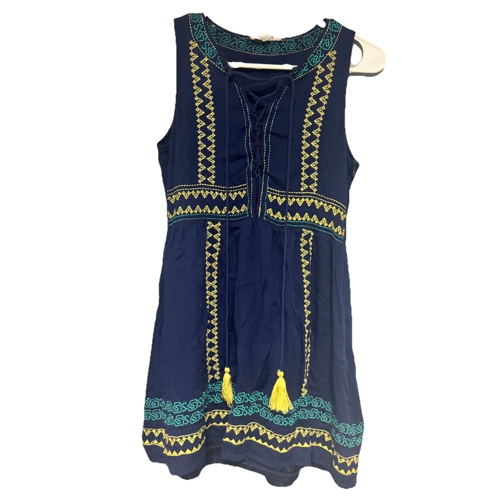 THML Women's Boho Navy Embroided Sleeveless Tassel Dress‎ Size Small